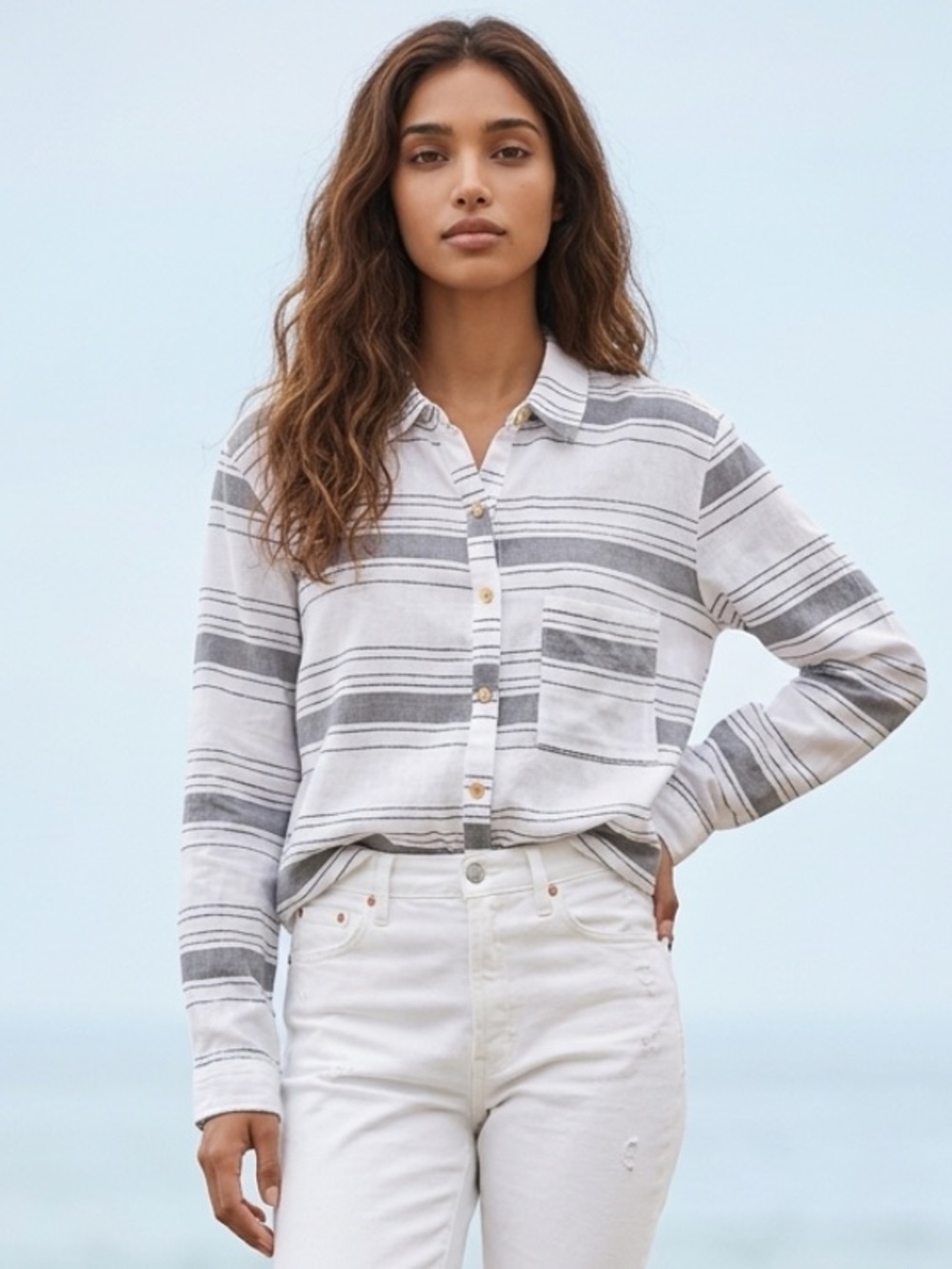 MATILDA JANE Shirt Blouse Button Down Gray White Striped Tunic Roll Tab Sleeves